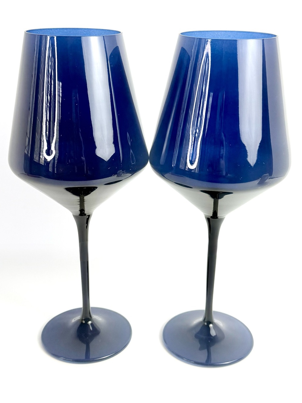 Set Of 2 Signed Estelle Handblown Midnight Blue Colored Wine Glasses